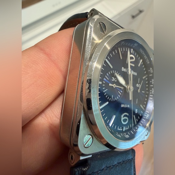 BELL & ROSS BR03-94 Blue Steel Watch Automatic Chronograph 42mm Leather Band - Picture 9 of 9